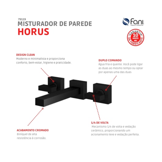 Misturador Para Lavatório De Parede Horus 450 Preto Fosco Fani - Imagem principal - d6e7425b-e41d-4d67-9a72-9cc7b2782de8