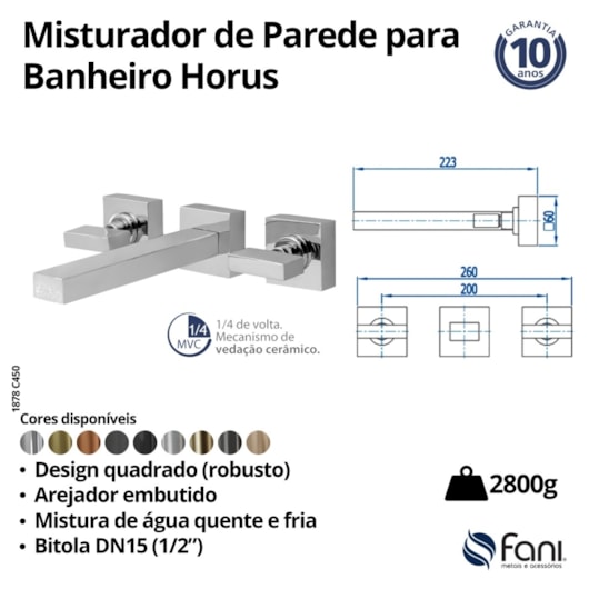 Misturador Para Lavatório De Parede Horus 450 Preto Fosco Fani - Imagem principal - e7540e2b-3dce-4553-a571-ebd09cd2bce3