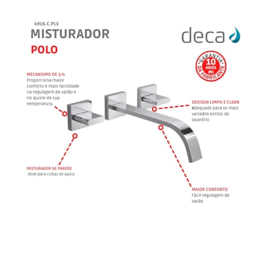 Misturador Para Lavatório De Parede Polo 1878 Cromado Deca - Imagem principal - e693b120-3ff6-434d-a1c0-166f6e2bc036