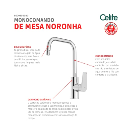 Monocomando De Mesa Para Cozinha Bica Alta E Móvel Noronha Cromado Celite - Imagem principal - 9cfc562d-ffb6-4b04-b12f-94aa5cab5fce