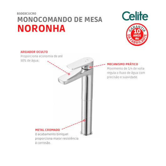 Monocomando De Mesa Para Lavatório Bica Alta Noronha Cromado Celite - Imagem principal - 1d4a277a-e872-4134-9322-6b663c31823a