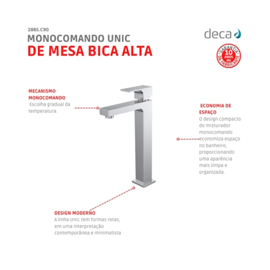  Monocomando Lavatório De Mesa Unic 2885 Bica Alta Cromado Deca - Imagem principal - a66261e0-010f-44b2-9ffc-aeb5ccfe73fd