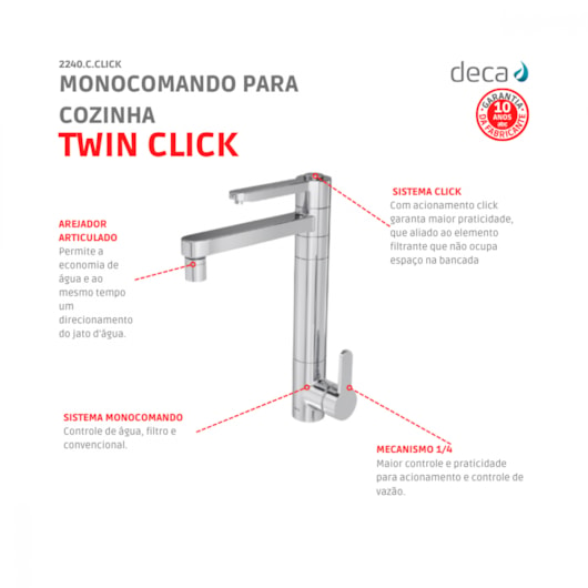 Monocomando Para Cozinha Com Filtro Twin Click Cromado Deca - Imagem principal - 6afb64fc-d976-4c5f-b91f-59bb81d7a05b