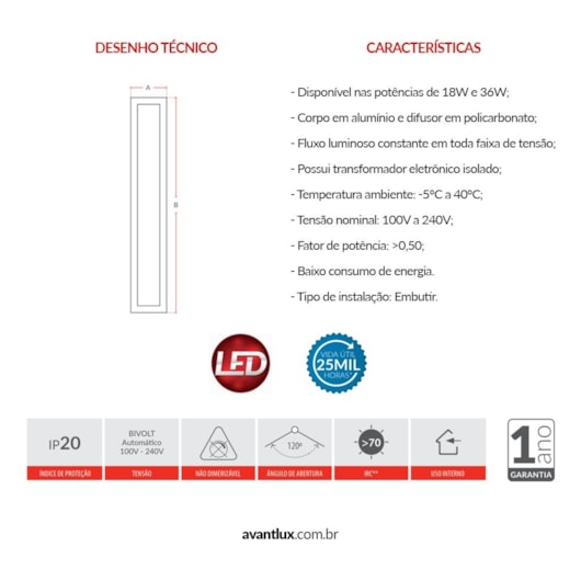 Painel Fit LED de Embutir 36W Retangular 10x120cm Luz Neutra 4000K Bivolt Avant - Imagem principal - 67decd84-587f-4ad3-9bbb-7e376ba8681d