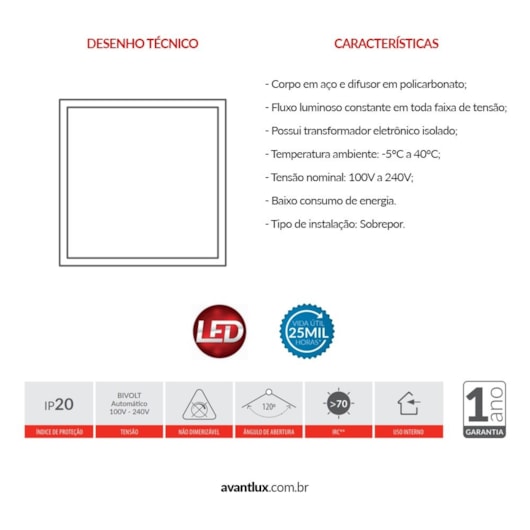 Painel Modular LED de Embutir 45W Quadrado Luz Branca 6500K Bivolt Avant 62,5cm  - Imagem principal - 4a5f467e-eef5-4095-9376-e6b2fd63b1e6