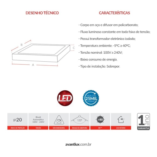 Painel Modular LED de Sobrepor 45W Quadrado 60cm Luz Branca 6500K Bivolt Avant - Imagem principal - c887350c-0c37-4a00-b8f0-76f24dc4fa36