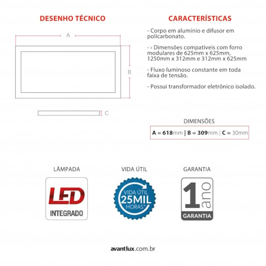 Painel Modular LED Plafon de Embutir 25W Retangular 31,2x62,5cm Luz Neutra 4000K Bivolt Avant - Imagem principal - ce061aa0-de7c-4f85-9065-2884b8ec0f3b