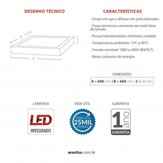 Painel Modular LED Plafon de Sobrepor 45W Quadrado 60cm Luz Neutra 4000K Bivolt Avant - Imagem principal - a7857baa-7445-44bf-b130-5eb40d7d9663