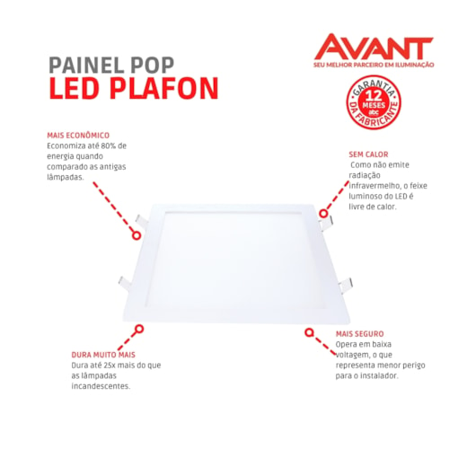 Painel Pop LED De Embutir Em Aluminio 24W Quadrado 30cm Luz Branca 6500K Bivolt Avant - Imagem principal - 5c89c944-5ae0-4345-be83-5ee62b7845cd