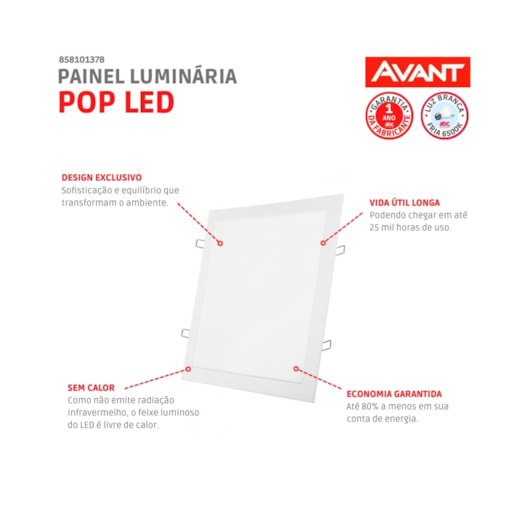 Painel Pop LED De Embutir Quadrado Plafon Em Alumínio Luz Branca 6500K Bivolt Avant 18W 22cm  - Imagem principal - e7cd8a8a-ff63-4174-9467-3a0b6605a263