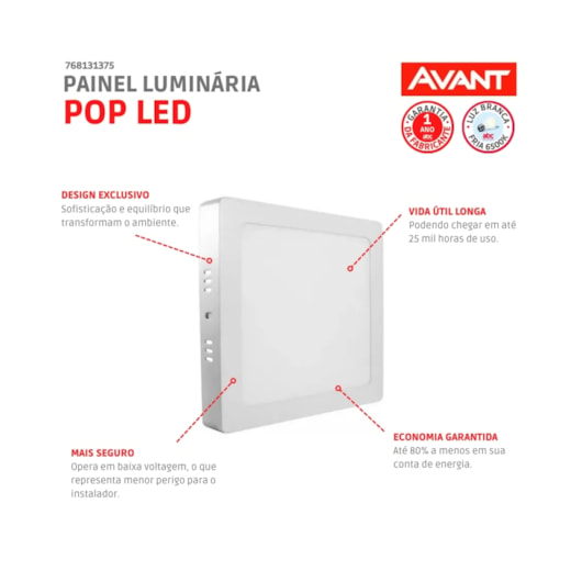 Painel Pop LED De Sobrepor Em Aluminio 24W Quadrado Luz Branca 6500K Bivolt Avant 30cm  - Imagem principal - 8850f6eb-27ce-4e09-a0a7-9484e2eca827