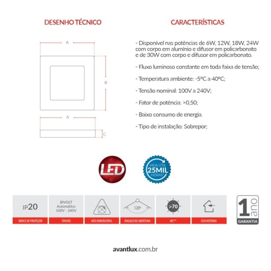 Painel Pop LED De Sobrepor Em Aluminio 24W Quadrado Luz Branca 6500K Bivolt Avant 30cm - Imagem principal - fd4bea6c-57a7-4220-858a-533807a5afa8