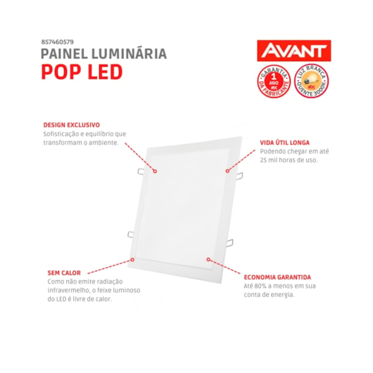 Painel Pop LED Plafon De Embutir 12W Quadrado 17cm Luz Amarela 3000K Bivolt Avant - Imagem principal - b47fd360-4f54-45de-a40f-7f94da503c7b