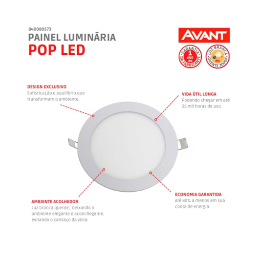 Painel Pop LED Plafon De Embutir 12W Redondo 17cm Luz Amarela 3000K Bivolt Avant - Imagem principal - 47390f57-b545-4f8c-9f5d-a0180c5d4726