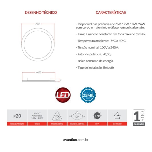 Painel Pop LED Plafon De Embutir 12W Redondo 17cm Luz Branca 6500K Bivolt Avant - Imagem principal - acff59f3-4ea7-4e53-a1a3-5c89df3f1efb