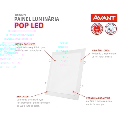 Painel Pop LED Plafon De Embutir 30W Quadrado 40cm Luz Branca 6500K Bivolt Avant - Imagem principal - 48a1a8f4-f628-492b-960b-bbd0fe0b4f52