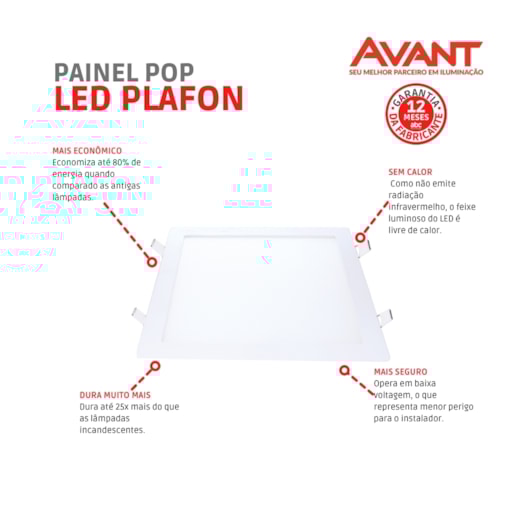 Painel Pop LED Plafon De Embutir 30W Quadrado Luz Neutra 4000K Bivolt Avant 40cm - Imagem principal - 2f3db51e-9f7e-4bbc-a68c-a76ed28d718f