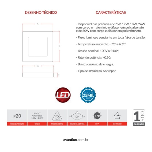 Painel Pop LED Plafon De Sobrepor 12W Quadrado 17cm Luz Amarela 3000K Bivolt Avant - Imagem principal - e4e327c6-092b-4541-9483-7033da5f4895