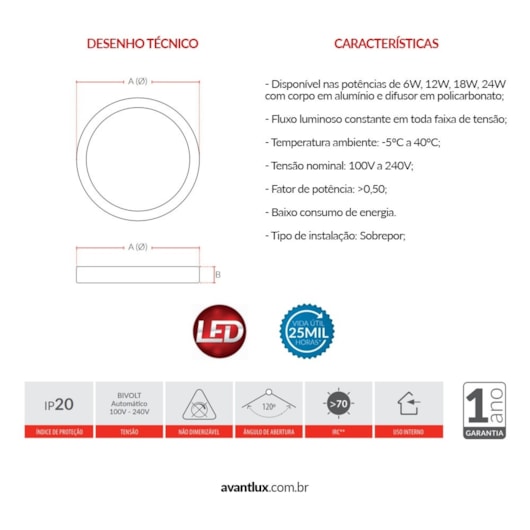 Painel Pop LED Plafon De Sobrepor 12W Redondo 17cm Luz Amarela 3000K Bivolt Avant - Imagem principal - c4241f8b-4af6-4cbf-8740-16bd6b3a25bc