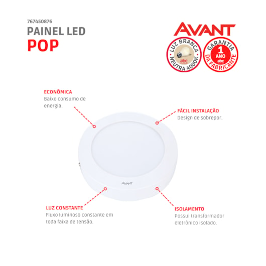 Painel Pop LED Plafon De Sobrepor 12W Redondo 17cm Luz Neutra 4000K Bivolt Avant - Imagem principal - df86bb14-4419-4945-98bd-b2fccf8b0aef