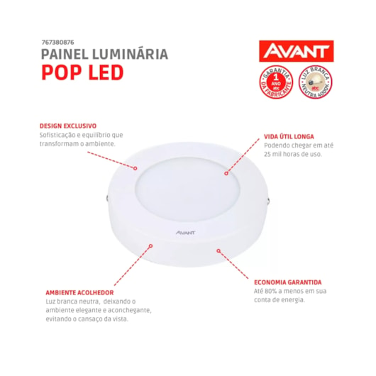 Painel Pop LED Plafon De Sobrepor 6W Redondo 12cm Luz Neutra 4000K Bivolt Avant - Imagem principal - 1c1cd64b-09d8-4717-abc1-7e0a7a706764