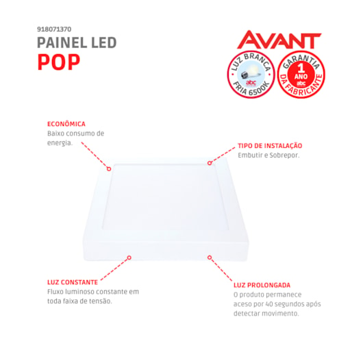 Painel Pop LED Plafon De Sobrepor Com Sensor de Presenca 18W Quadrado 21cm Luz Branca 6500K Bivolt Avant - Imagem principal - c794ea48-9901-4663-8f85-01cb8291dff7