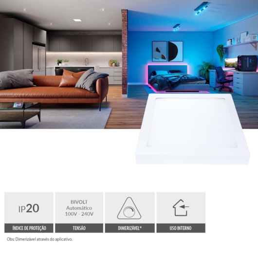 Painel Pop LED Plafon Inteligente de Sobrepor Smart Wi-Fi NEO 24W Quadrado 30cm Luz Dimerizavel Amarela-Branca Bivolt Avant - Imagem principal - a717cf11-b415-4be3-bbd0-58cad1958965