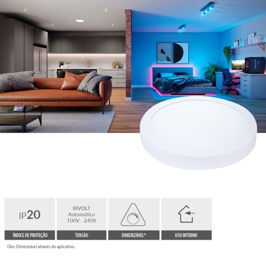 Painel Pop LED Plafon Inteligente de Sobrepor Smart Wi-Fi NEO 24W Redondo 30cm Luz Dimerizavel Amarela-Branca Bivolt Avant - Imagem principal - 380d2335-8bfe-4cc4-9c18-7d55e299633b