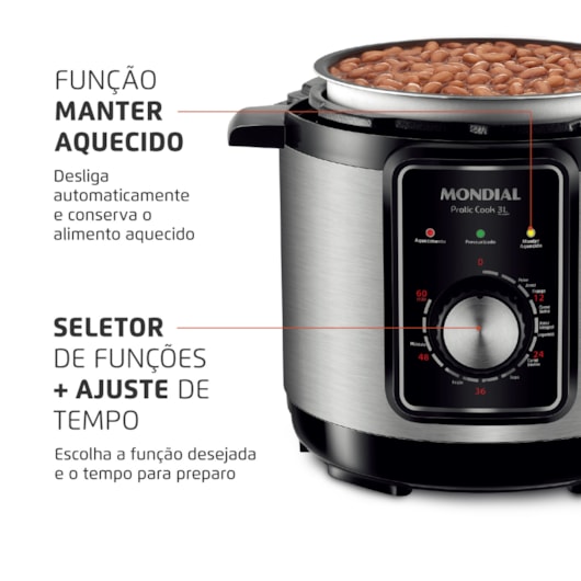 Panela De Pressão Elétrica PE47 Preto E Inox Mondial 3L 127V 700W - Imagem principal - a2545fac-e4e6-4c49-bfe7-a7622e4765d2