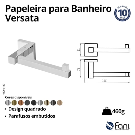 Papeleira Sem Cobertura Para Banheiro Versata 120 Cromado Fani - Imagem principal - 40ae4d28-96af-405a-930f-6f51f150aa15