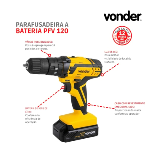 Parafusadeira E Furadeira A Bateria 12V PFV 120 Bivolt Vonder - Imagem principal - 2c9d586a-b71e-4e62-a4a0-f66a5895becc