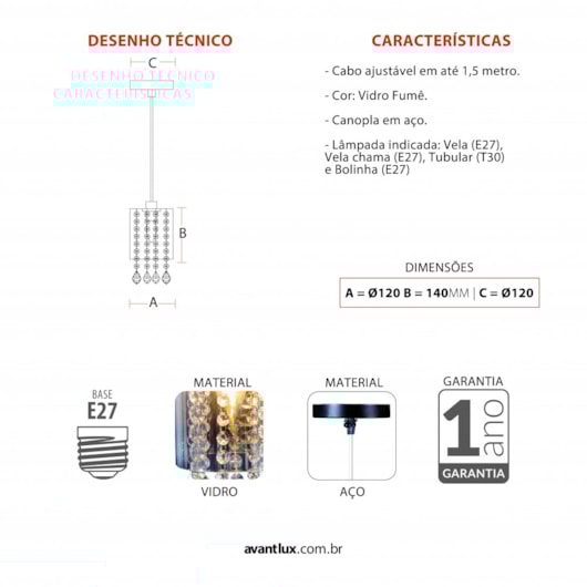 Pendente Versailles Vidro Fumê Canopla Cromado Avant 1 Lâmpada E27 - Imagem principal - 8d2d6a72-7045-4f1d-bc1f-4fdc1aec0de3