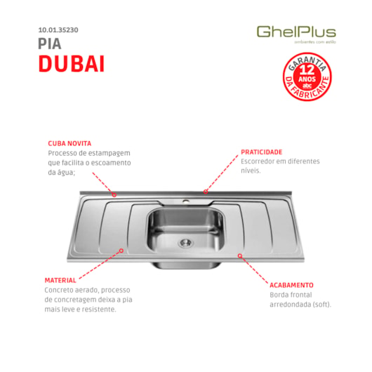 Pia Dubai 1200x545/01 Cuba N3 135 mm Com Válvula Ghelplus - Imagem principal - 84575c3a-df17-4193-812a-6393e047e7ef