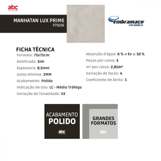 Piso Cerâmico Embramaco Manhatan Lux Prime P75036 75x75cm Retificado - Imagem principal - 56a6cd74-094c-42b1-8490-3b2084e2c4c5