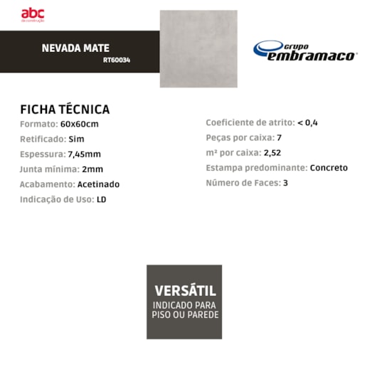 Piso Cerâmico Embramaco Nevada Mate Acetinado 60X60 Retificado - Imagem principal - 2835df07-284c-475a-bbc0-82741170feff