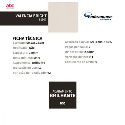 Piso Cerâmico Embramaco Valência Bright Brilhante 60x60cm Bold - Imagem principal - f189f8e6-c627-4df1-b3c1-84f33591d9de