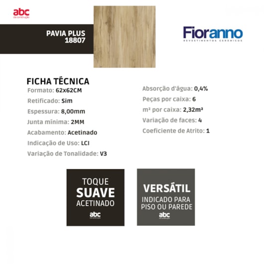 Piso Cerâmico Fioranno Pavia Plus Acetinado 61x61cm Madeira Retificado  - Imagem principal - f89f61cb-2398-40e7-ae8c-1adfd74b21bb