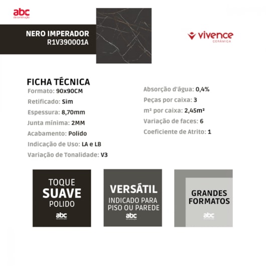 Piso Ceramico Marmocerâmica Nero Imperador Polido 90,5x90,5cm Retificado - Imagem principal - 7964d82d-9604-4a90-88bd-fcdcaff61b8c