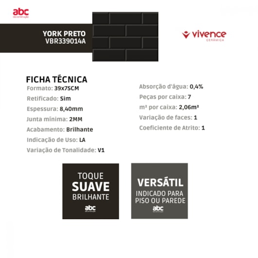 Piso Ceramico Marmocerâmica York Preto Brilhante 39x75,5cm Retificado - Imagem principal - 3598d68c-54c6-47b4-8de0-22fbc23943e0