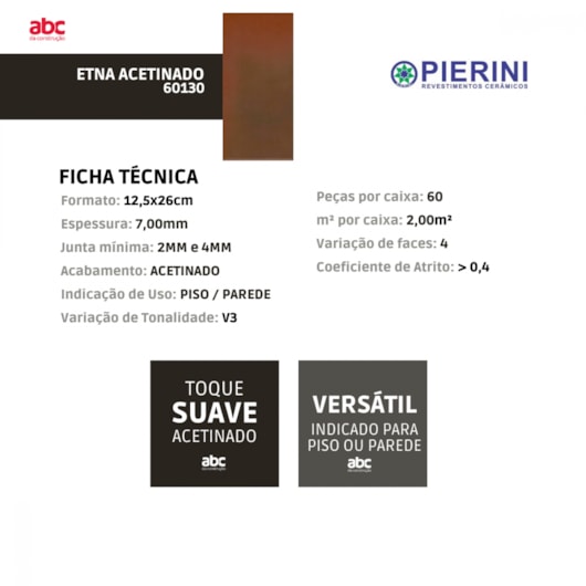 Piso Cerâmico Pierini Etna Acetinado 12,5x26cm Tijolinho Retificado  - Imagem principal - e4468354-091e-4d67-bdcd-a29061ed65a7