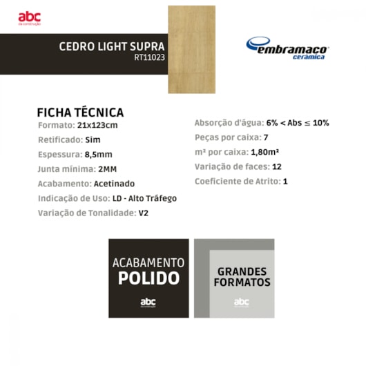 Piso Embramaco Cedro Light Supra Rt11023 21x123cm Retificado - Imagem principal - 85642865-3aa7-442d-9632-8537cf28c010