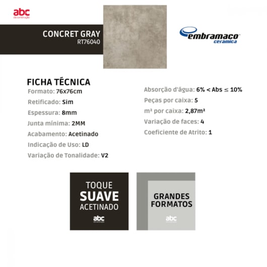 Piso Embramaco Concret Gray 76x76cm Retificado - Imagem principal - e6512ccd-cbd2-47b3-93cc-987fb93eadf8