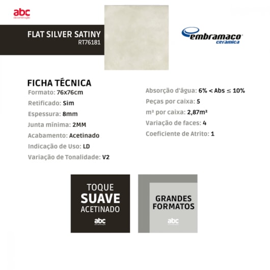Piso Embramaco Flat Silver Satiny 76x76cm Retificado - Imagem principal - 7b287448-760d-4aca-bd90-7bcae9e25f12