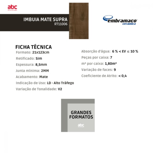 Piso Embramaco Imbuia Mate Supra 21x123cm Retificado - Imagem principal - 153d2279-0fcc-478d-b154-9c38df2c9b68