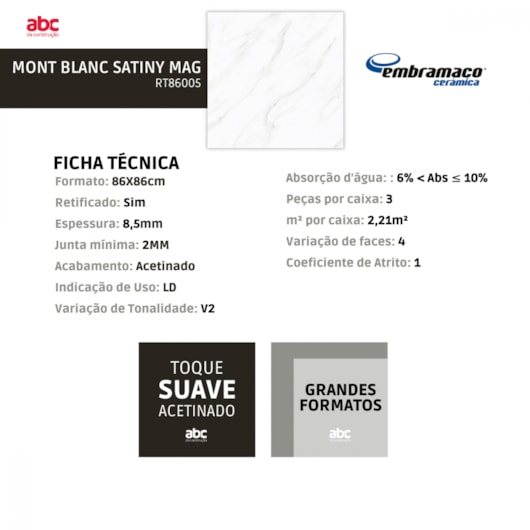 Piso Embramaco Mont Blanc Satiny Mag 86x86cm Retificado - Imagem principal - 8470221b-ddf2-428a-8e04-419c4305b176