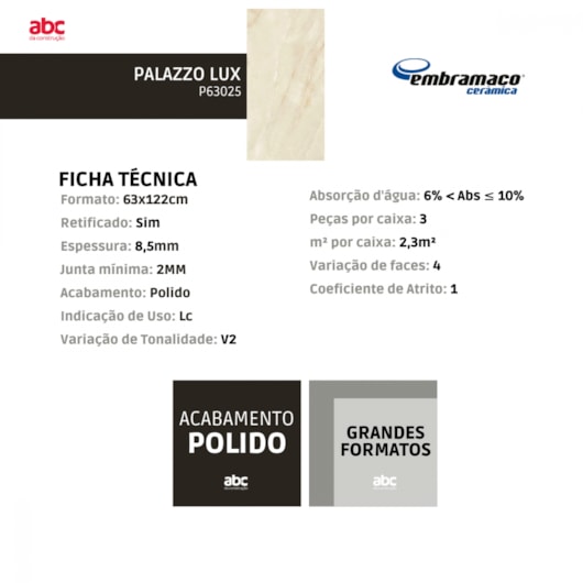 Piso Embramaco Palazzo Lux P63025 63x122cm Retificado - Imagem principal - 84417c2f-d7a5-4917-b00a-1c600271fb31