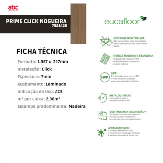 Piso Laminado Eucafloor Prime Click Nogueira Natural 10 21,7x135,7cm Click - Imagem principal - 75839c2d-5a61-4efa-9eff-4b1d45edc6b5