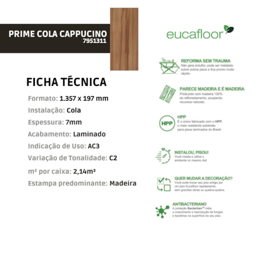 Piso Laminado Eucafloor Prime Cola Cappuccino 10 19,7x135,7cm  - Imagem principal - 6cd20256-36a4-4808-8f68-34c230c7eacc