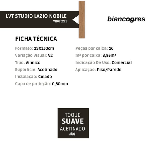 Piso Vinílico Biancogres Nobile Studio Lazio 2,5mm Capa 0,30 19x130cm - Imagem principal - 6586c0d1-6522-4cca-8ecd-2282eea935ee