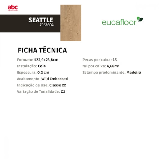 Piso Vinílico Eucafloor Basic Seatle 23,8x122,9cm LVT - Imagem principal - 0a3d4dd7-85e5-4d1f-b8ec-edd0004c3488